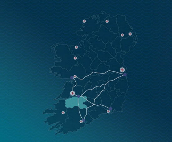 Map of Ireland with airplane icons depicting airport locations.